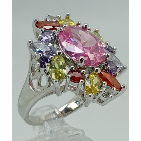 Vintage Ring Size 8 Silver Tone White Gold GP Pink CZ Diamond Cocktail - Picture 5 of 10
